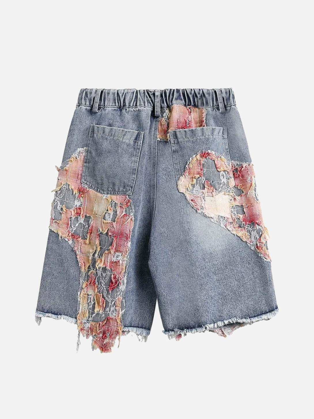 Back view of TALISHKO denim shorts featuring unique ripped floral accents and frayed edges.