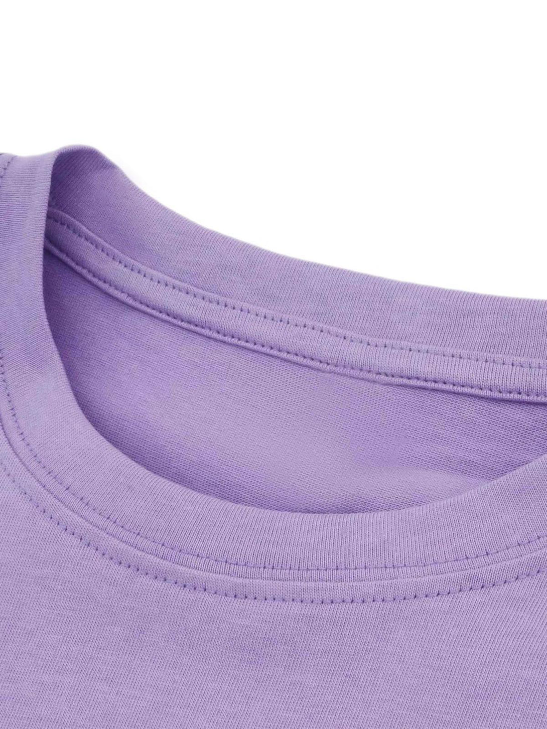 Zoomed-in detail of a purple T-shirt neckline by TALISHKO, showcasing fine stitching.