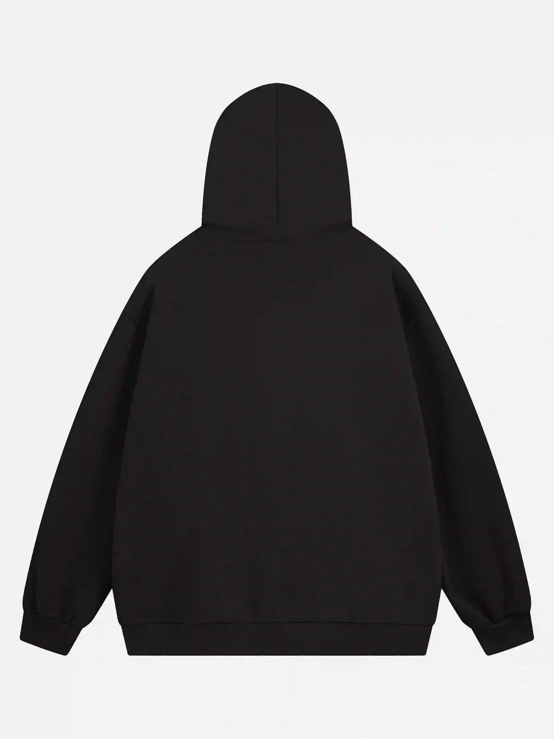 Back view of black hoodie by TALISHKO, highlighting a relaxed fit and minimalist design.