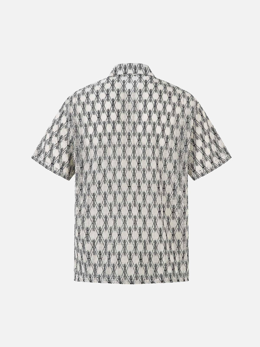 Back view of TALISHKO crochet hollow button-up shirt showcasing intricate black and white pattern.
