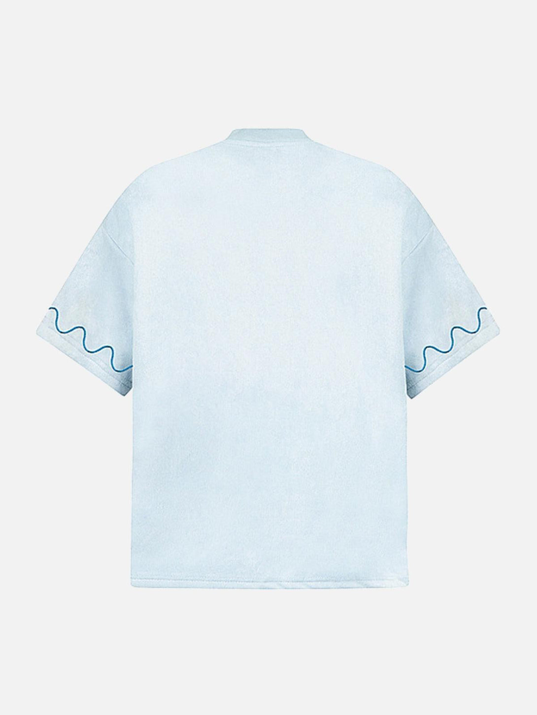 Back view of blue TALISHKO T-shirt with wavy sleeve detail, perfect for warm weather.