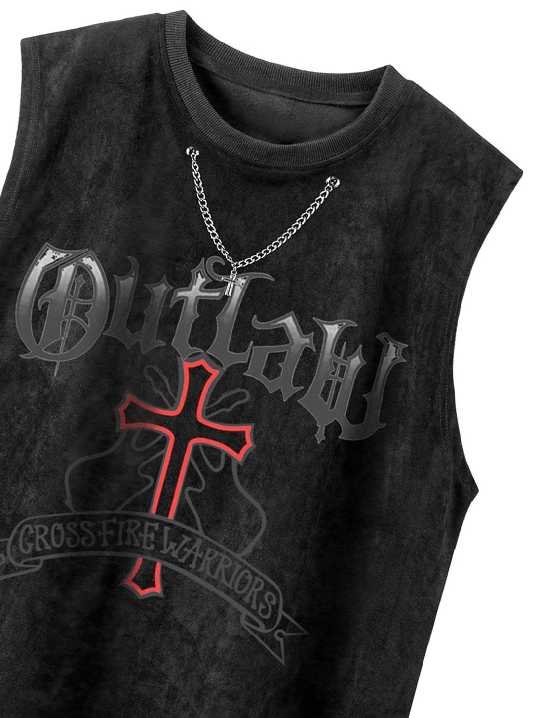 Front view of TALISHKO's suede street rap vest, featuring bold graphics and chain detail.