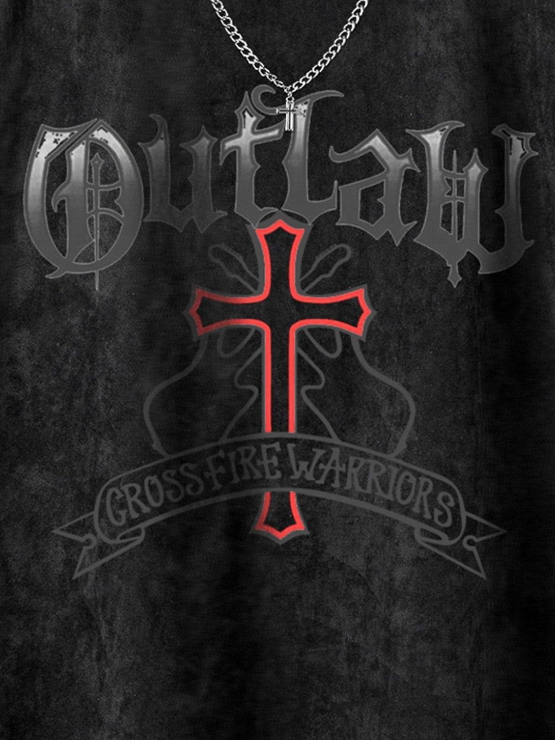 Front view of edgy black vest by TALISHKO, highlighting bold graphics and chain detail.