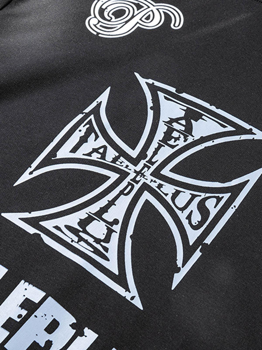 Intricate look at the cross graphic design on a TALISHKO hoodie, highlighting bold details.