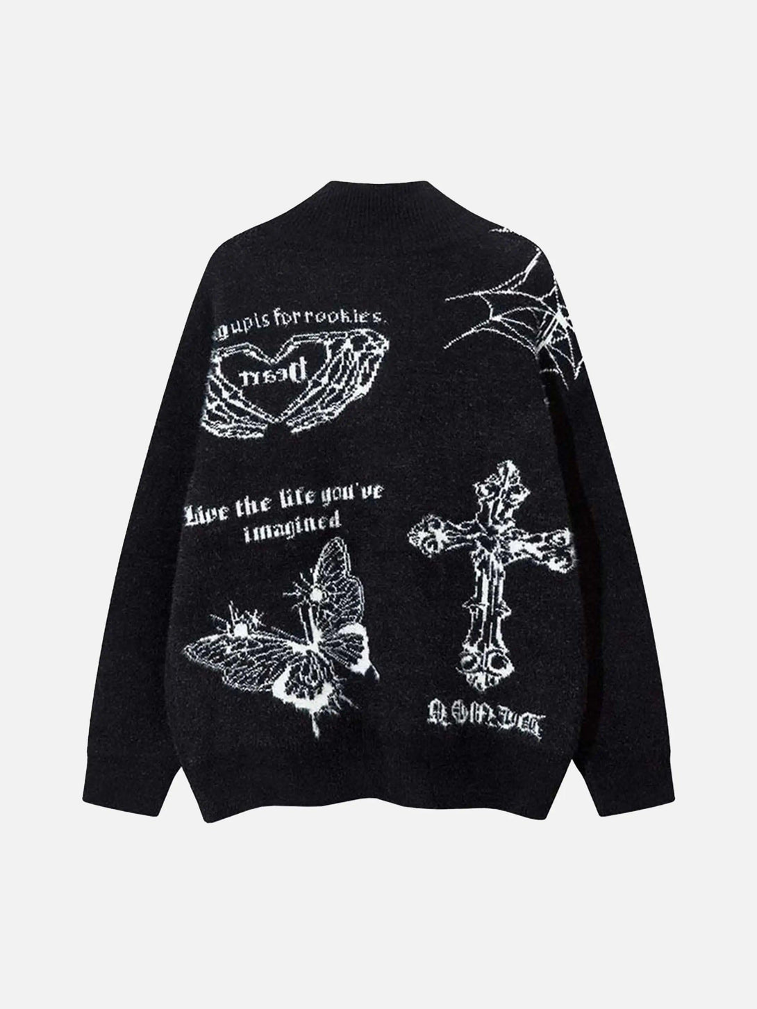Back view of a black cardigan by TALISHKO, showcasing gothic jacquard designs and motifs.