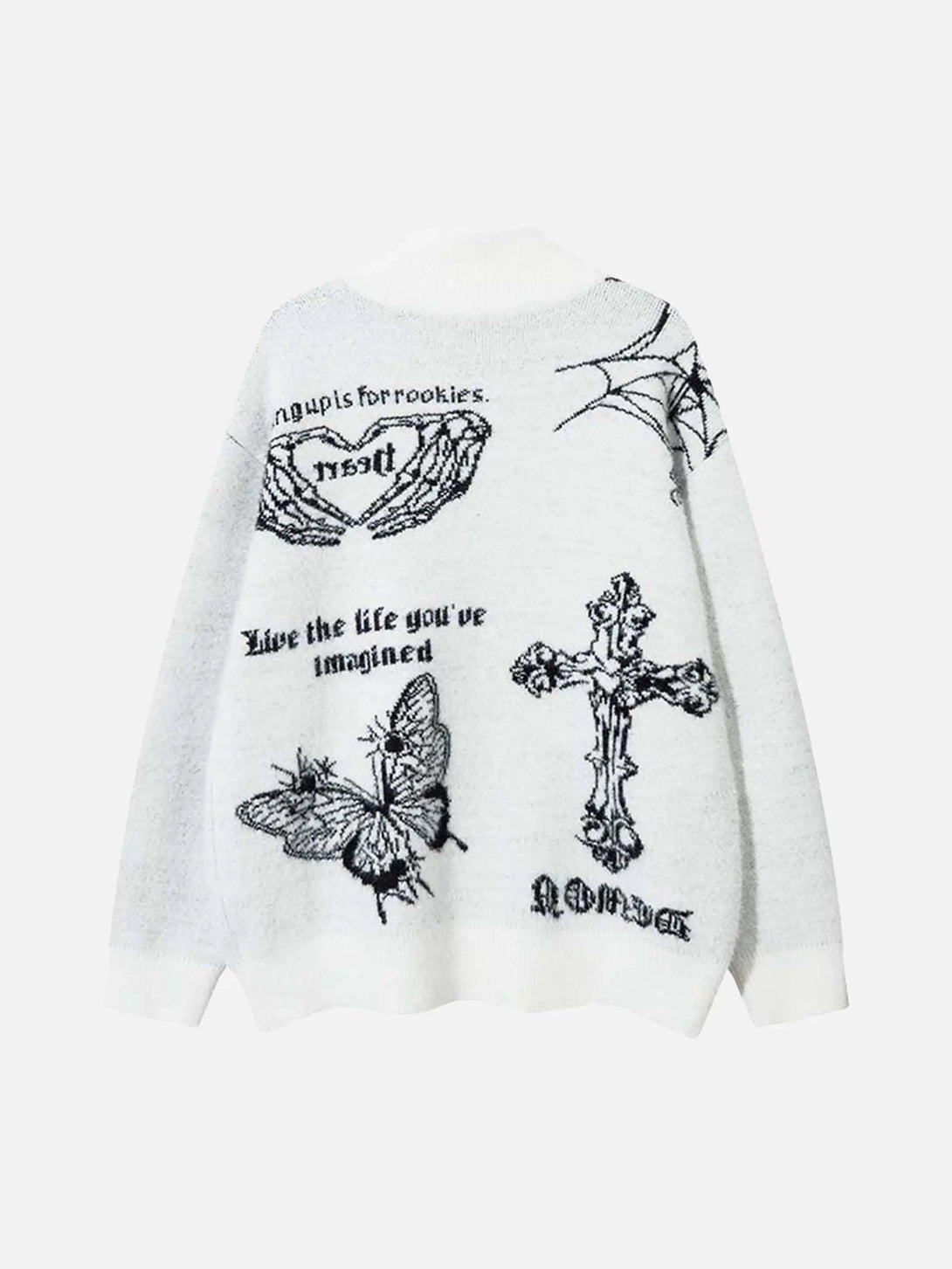Back view of a white jacquard cardigan by TALISHKO, featuring cross and butterfly designs.