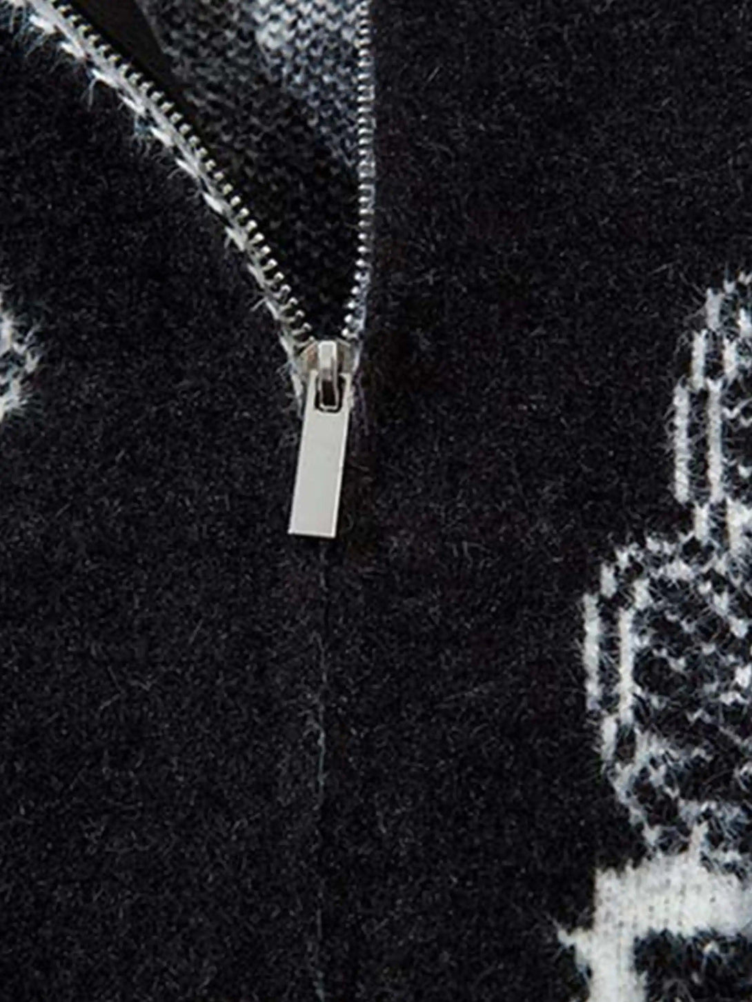 Intricate look at the zipper detail on a TALISHKO jacquard cardigan with unique patterns.