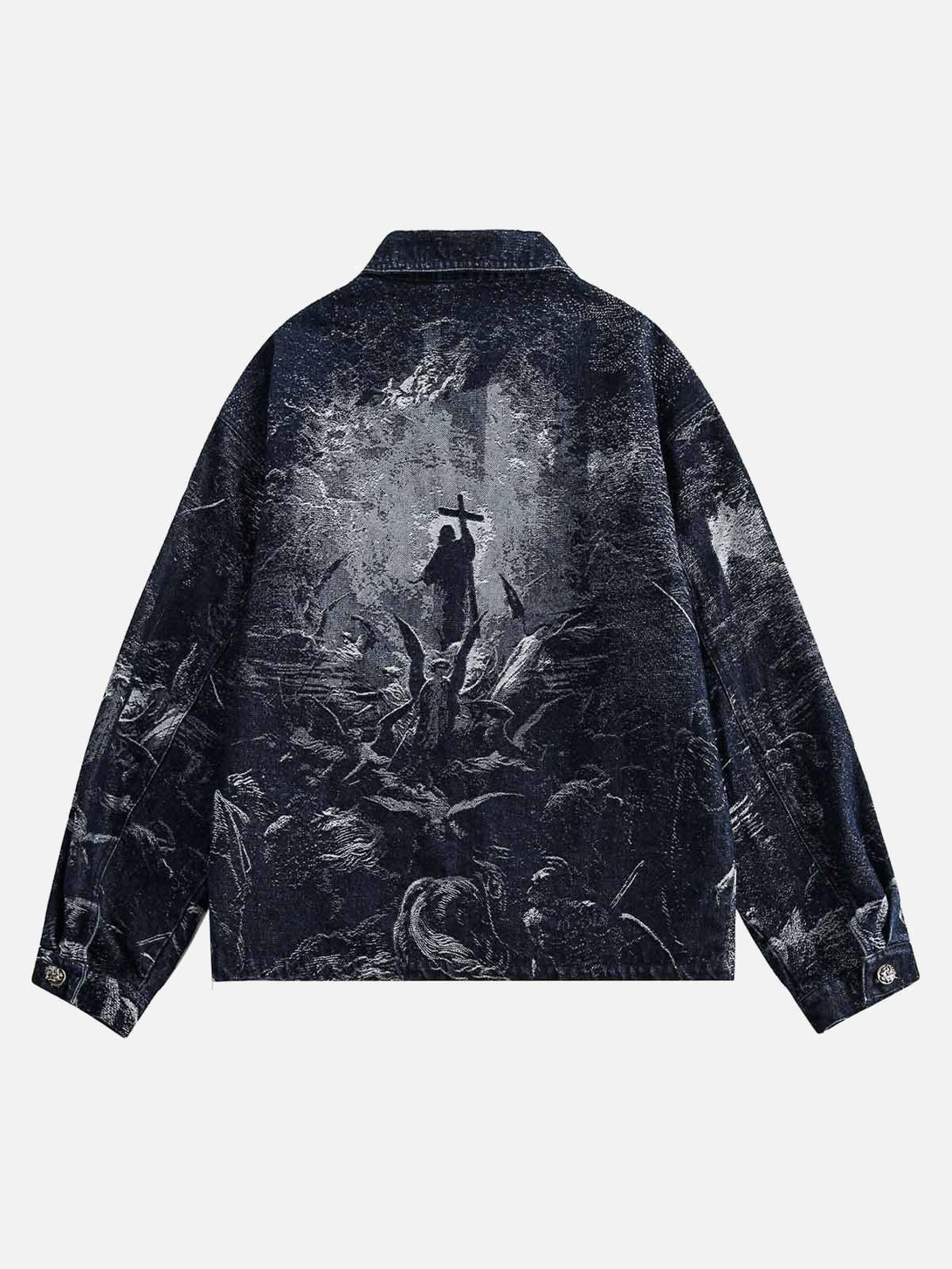 Back view of a TALISHKO jacquard denim jacket with a striking cross design.