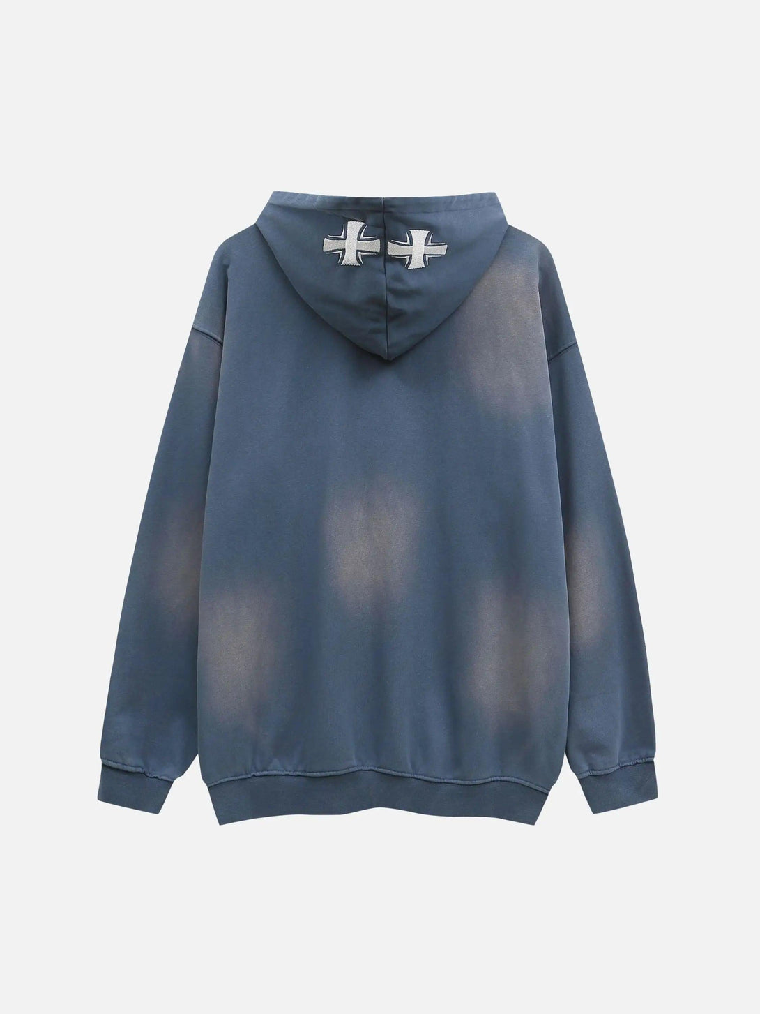 Back view of blue washed hoodie with cross embroidery on hood by TALISHKO, ideal for casual wear.