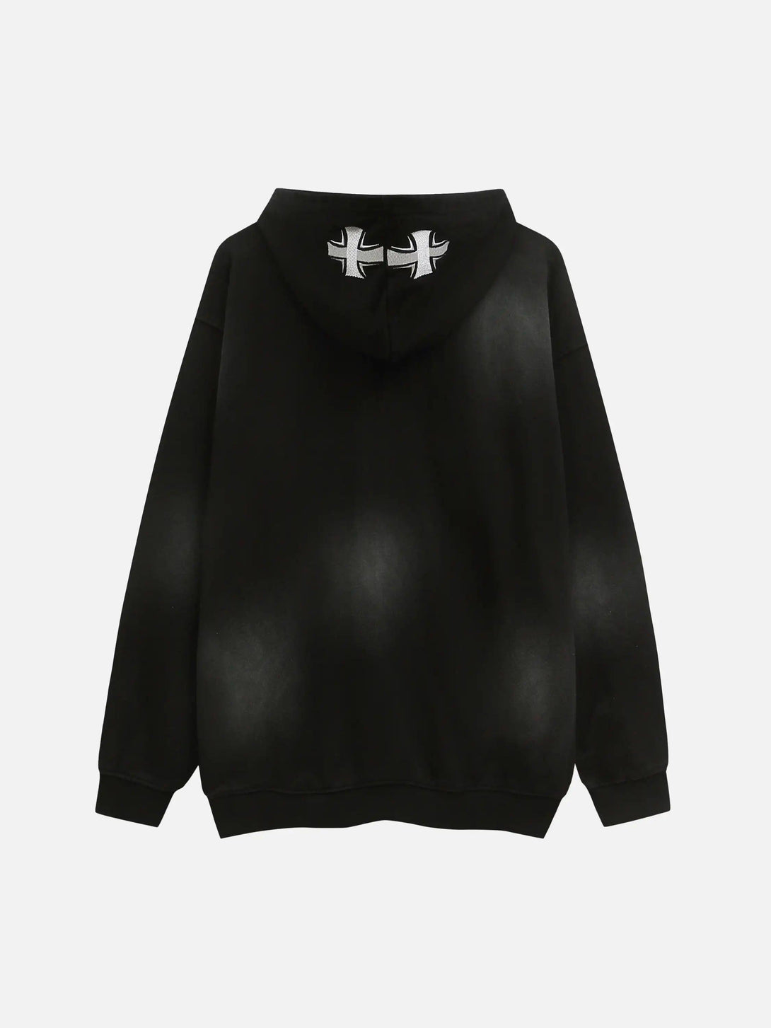 Back view of black washed hoodie with cross embroidery on hood, a stylish piece by TALISHKO.