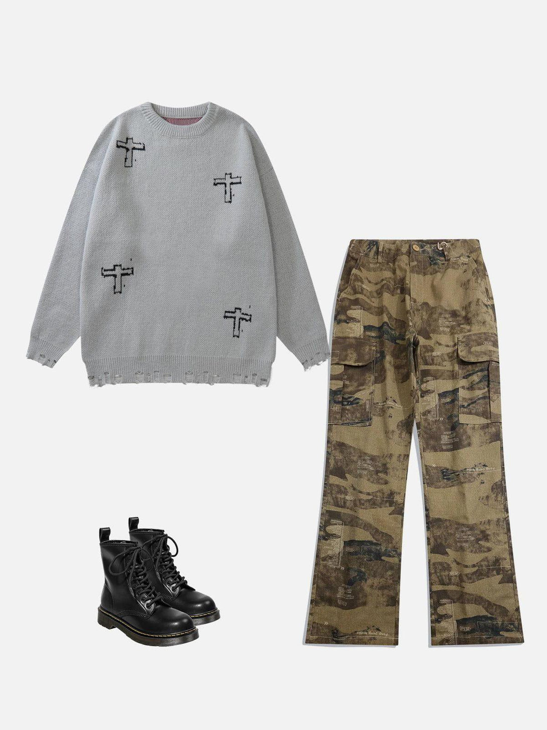 TALISHKO's gray graphic sweater with cross patterns, paired with camo pants and black boots.
