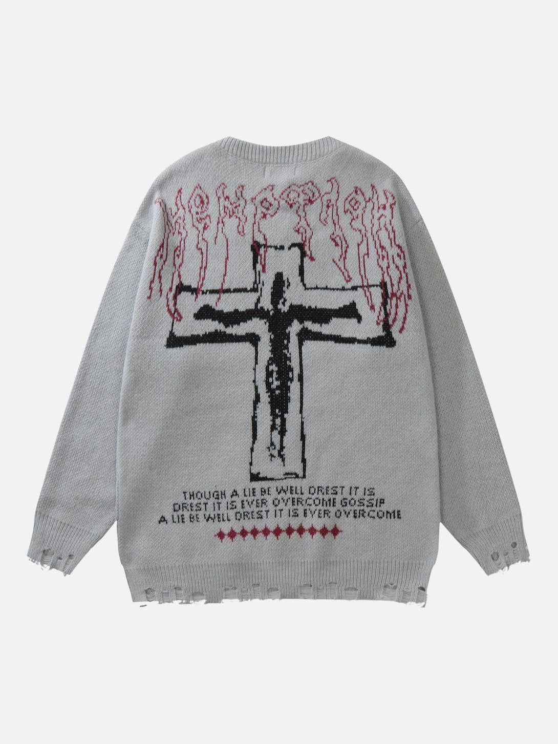 Back view of TALISHKO graphic sweater with cross and text design, featuring a distressed hem.