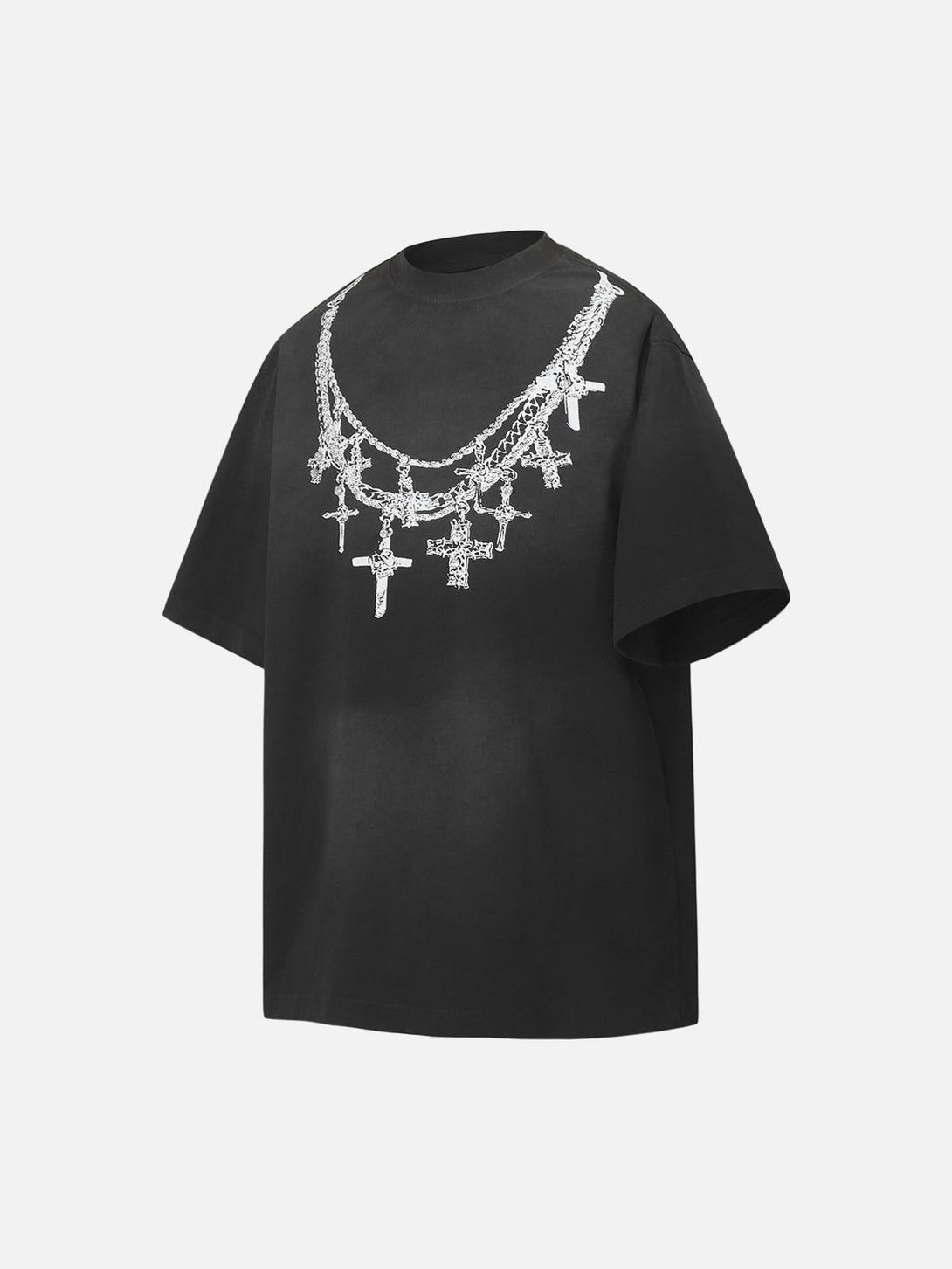 A black TALISHKO T-shirt featuring a cross necklace graphic, perfect for casual summer style.
