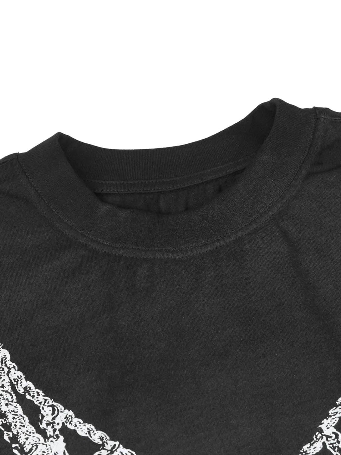 A detailed view of TALISHKO's black T-shirt, highlighting the cross necklace graphic design.