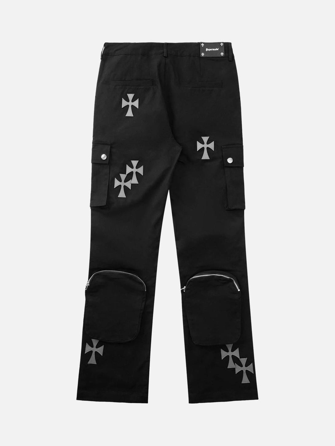 Back view of TALISHKO's black casual pants featuring cross prints and multiple pockets.