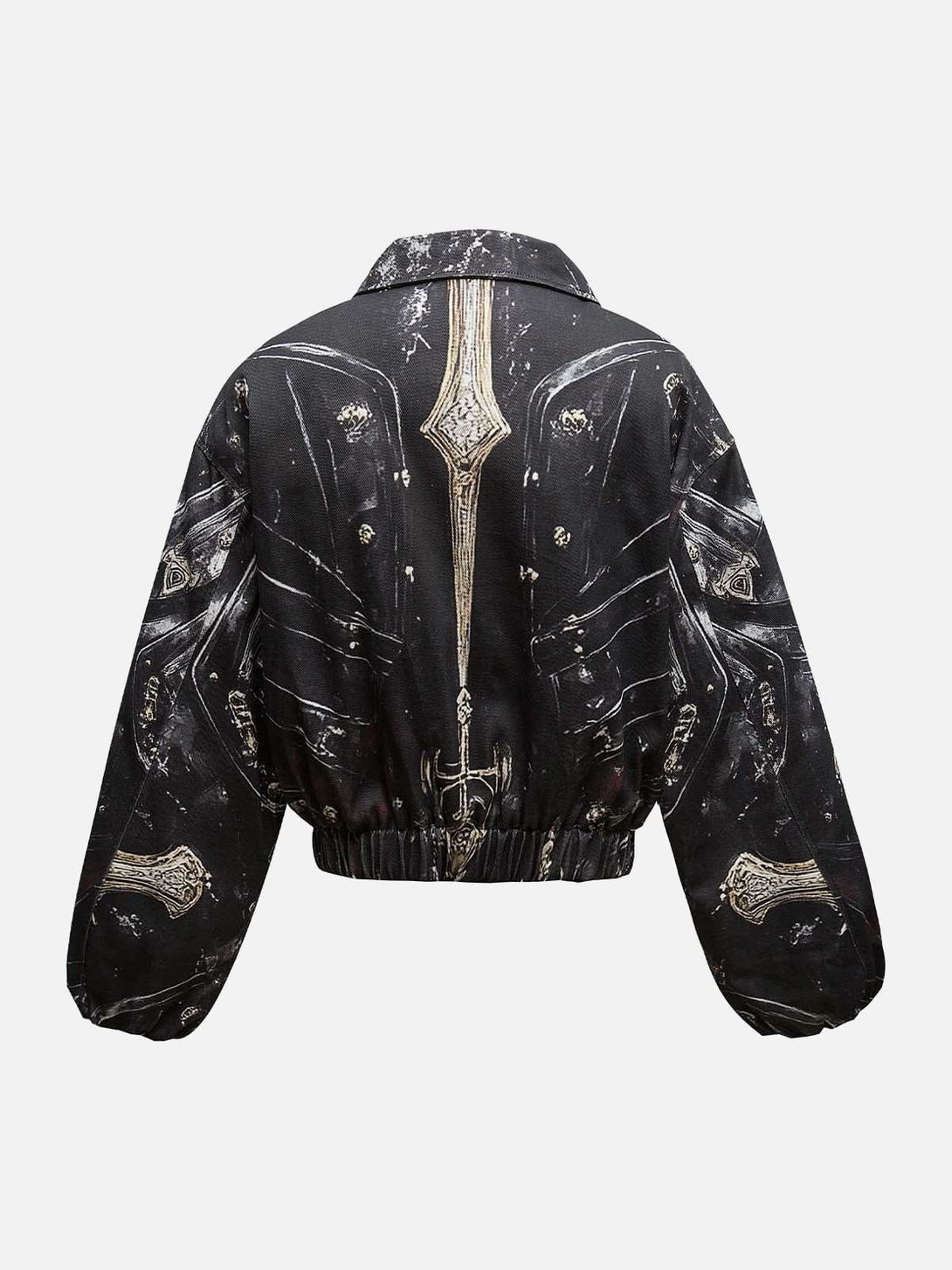 Back view of TALISHKO quilted bomber jacket with intricate cross print detailing.