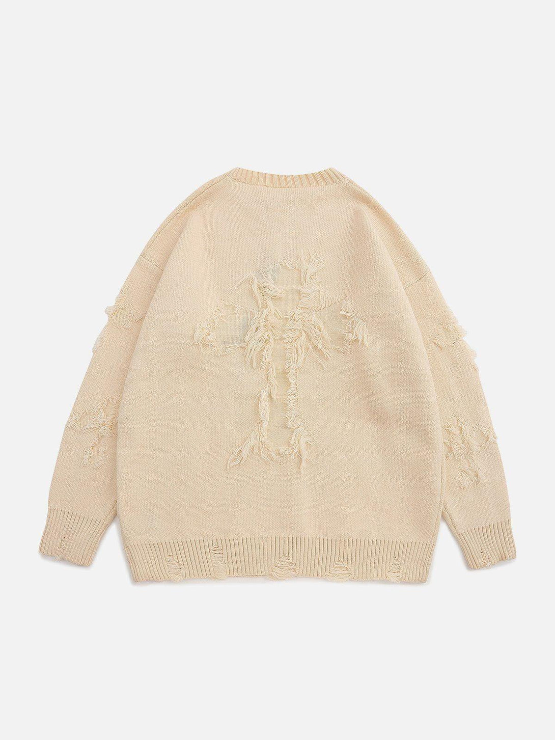 Back view of a beige sweater by TALISHKO, featuring frayed cross patchwork details.