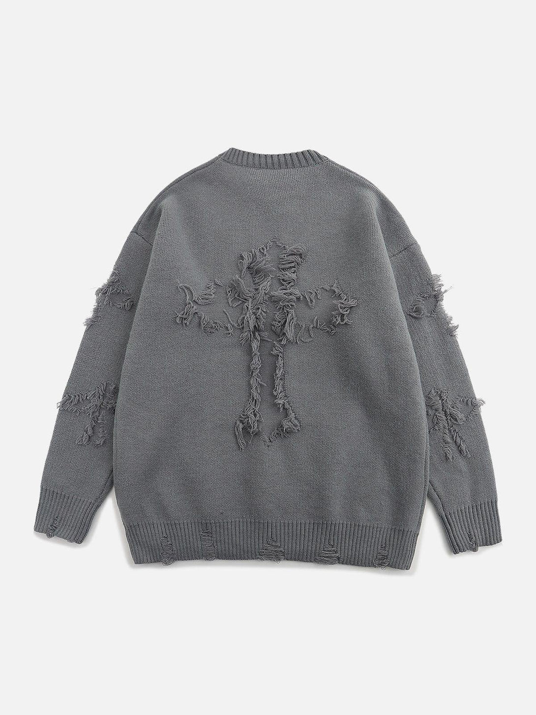 Back view of a gray TALISHKO sweater showcasing frayed cross details and patchwork design.