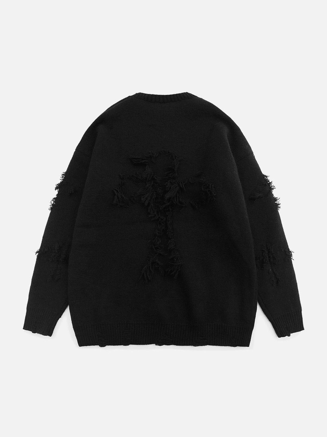 Back view of black TALISHKO sweater, featuring frayed cross patchwork for a unique look.