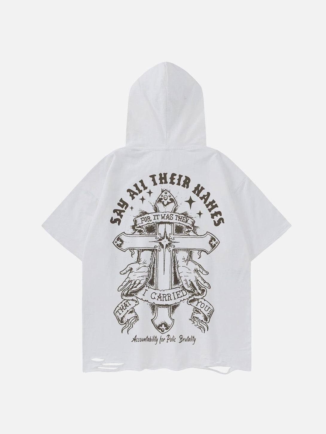 Back view of white hooded tee by TALISHKO featuring a bold graphic and distressed hem.