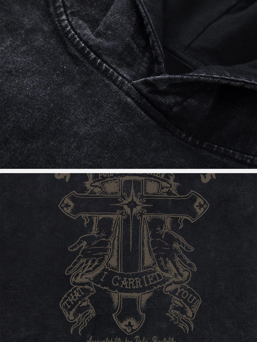 Detailed fabric and graphic design close-up of a washed hooded tee by TALISHKO.