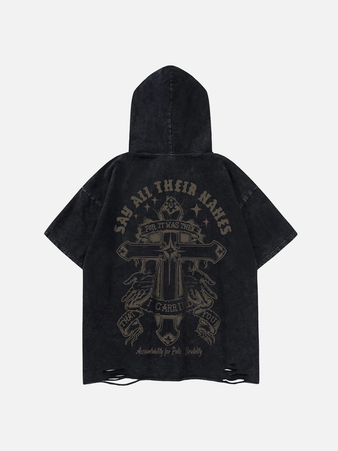 Back view of washed black hooded tee by TALISHKO, featuring a bold graphic and distressed details.