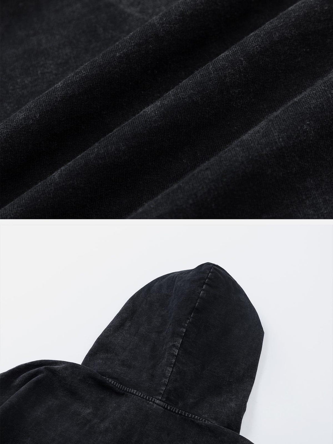 Zoomed-in texture and hood design of a washed black tee by TALISHKO, showcasing fabric detail.