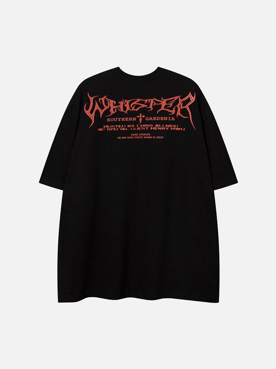 Back view of a black hip-hop T-shirt by TALISHKO featuring bold red graphic text design.