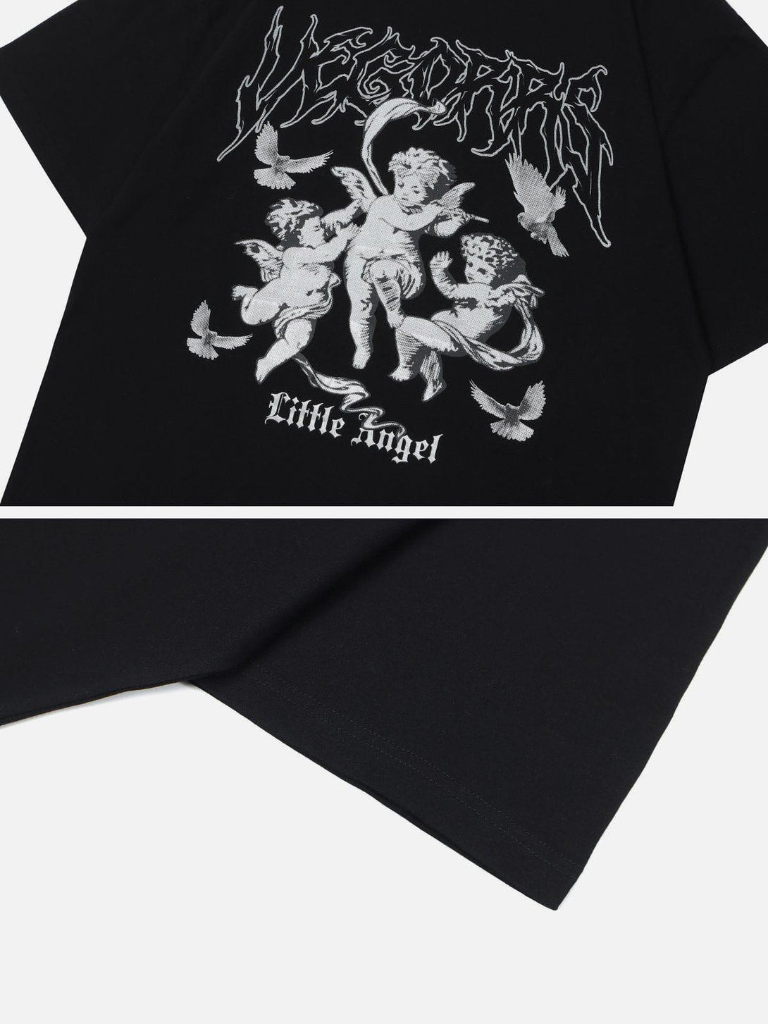 Black TALISHKO tee with cherub and bird design, focusing on the intricate front print.