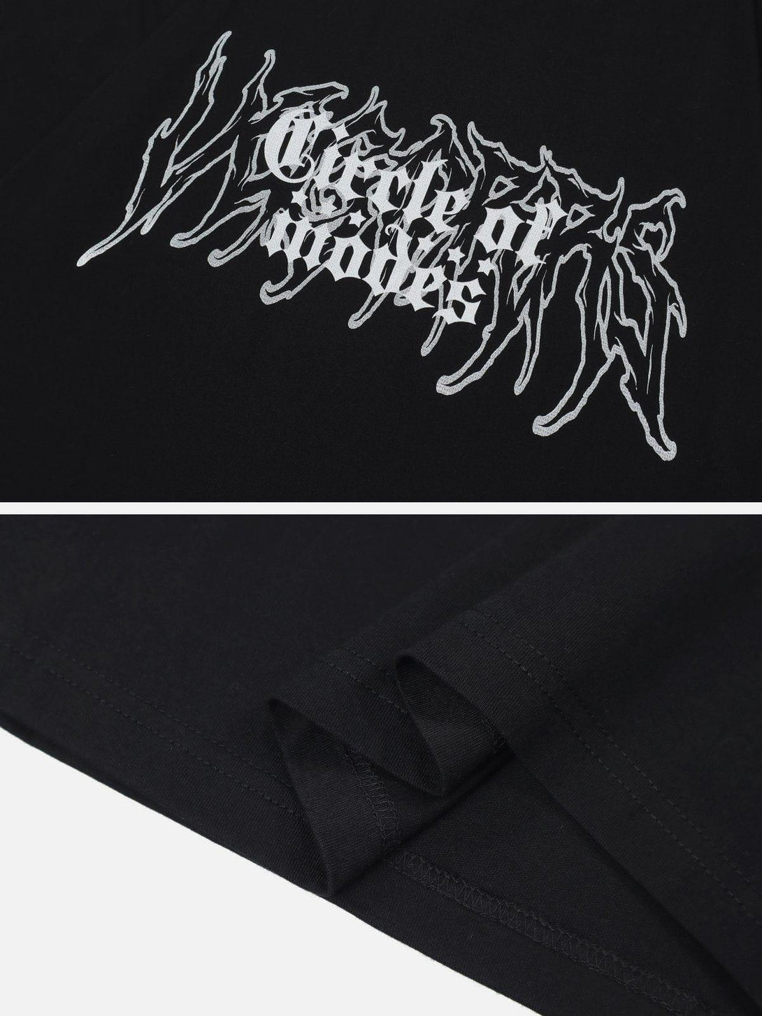Detailed fabric and stitching on black TALISHKO tee, highlighting bold graphic design.
