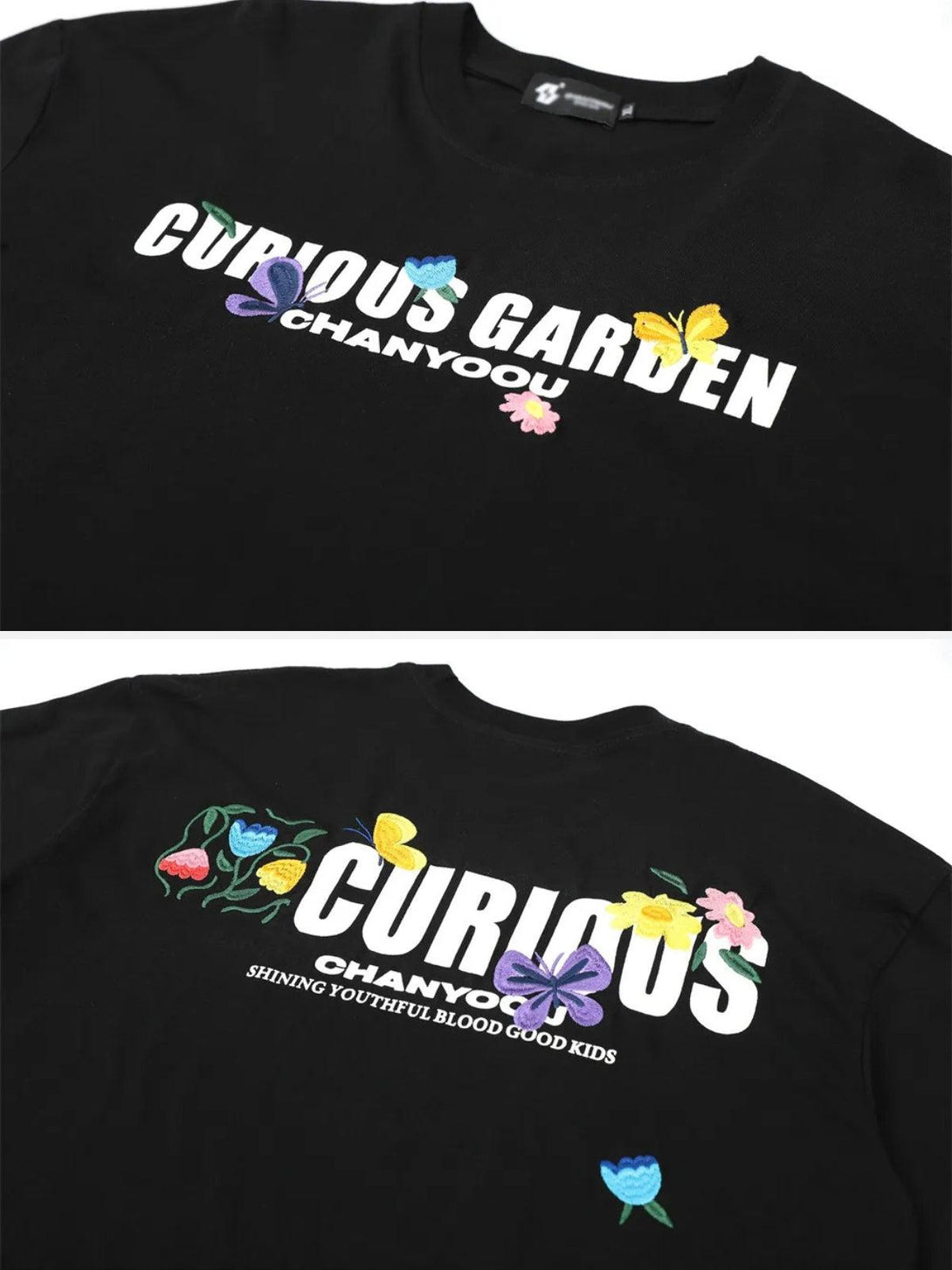 Black TALISHKO tee showcasing vibrant floral embroidery and "Curious Garden" text on front and back.