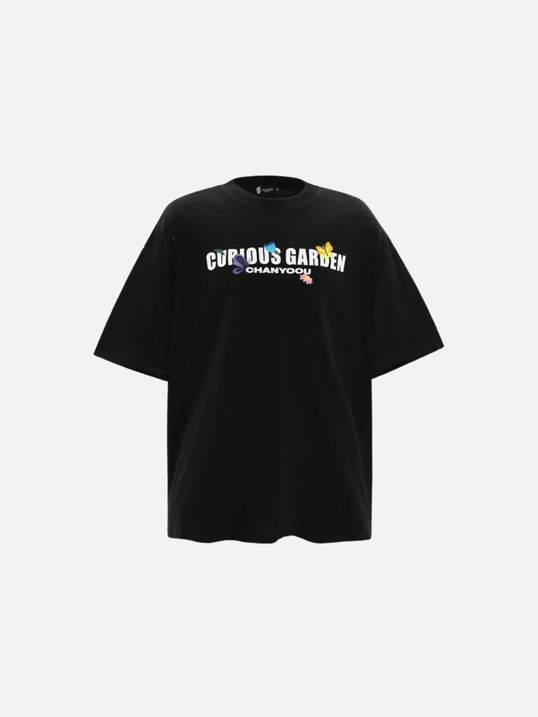 Black TALISHKO tee with "Curious Garden" text and butterfly accents on the front.
