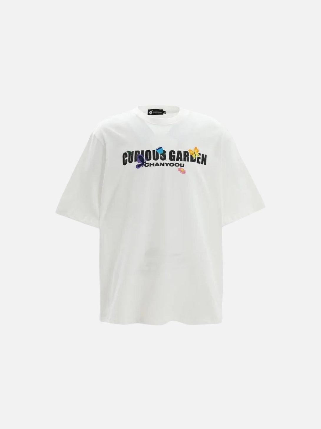 White TALISHKO tee with "Curious Garden" text and butterfly accents on the front.