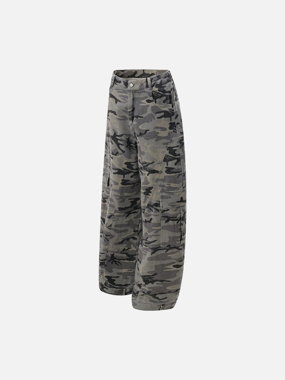 Side view of TALISHKO camouflage cargo pants showcasing the curved leg and paneled style.