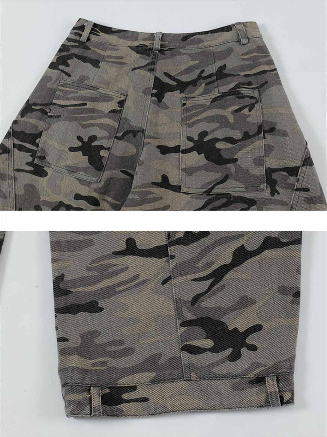 Detailed look at the TALISHKO camouflage cargo pants back pockets and curved leg design.
