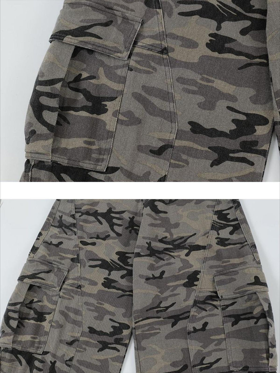 Focusing on the detailed camouflage pattern of TALISHKO cargo pants with paneled design.