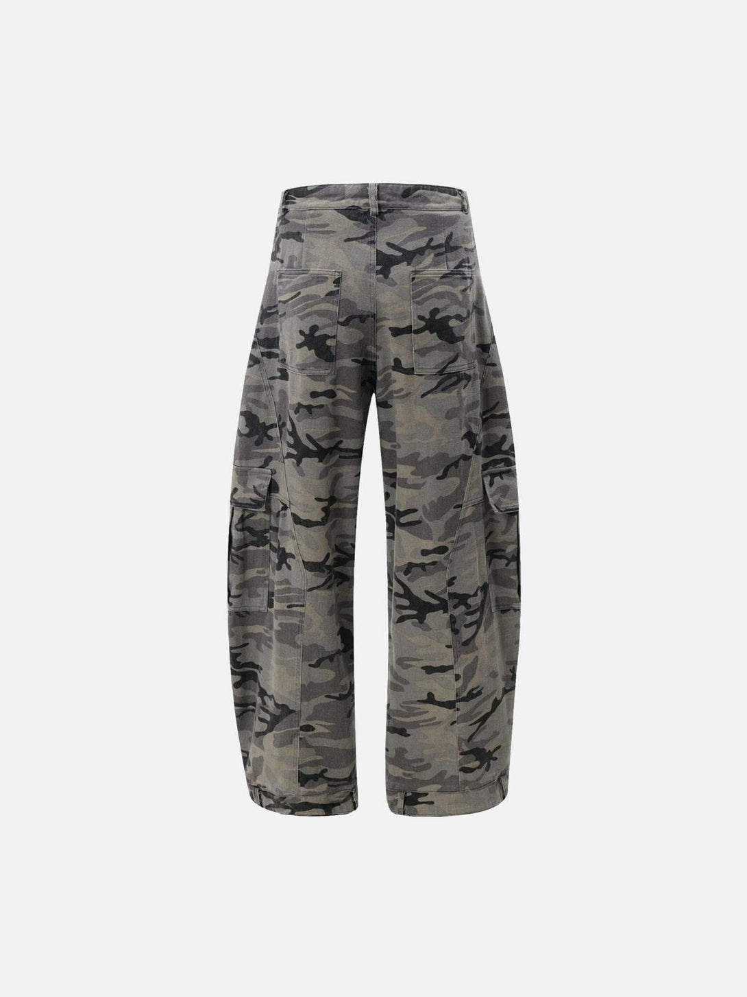 Back view of TALISHKO camouflage cargo pants featuring a unique curved leg design.