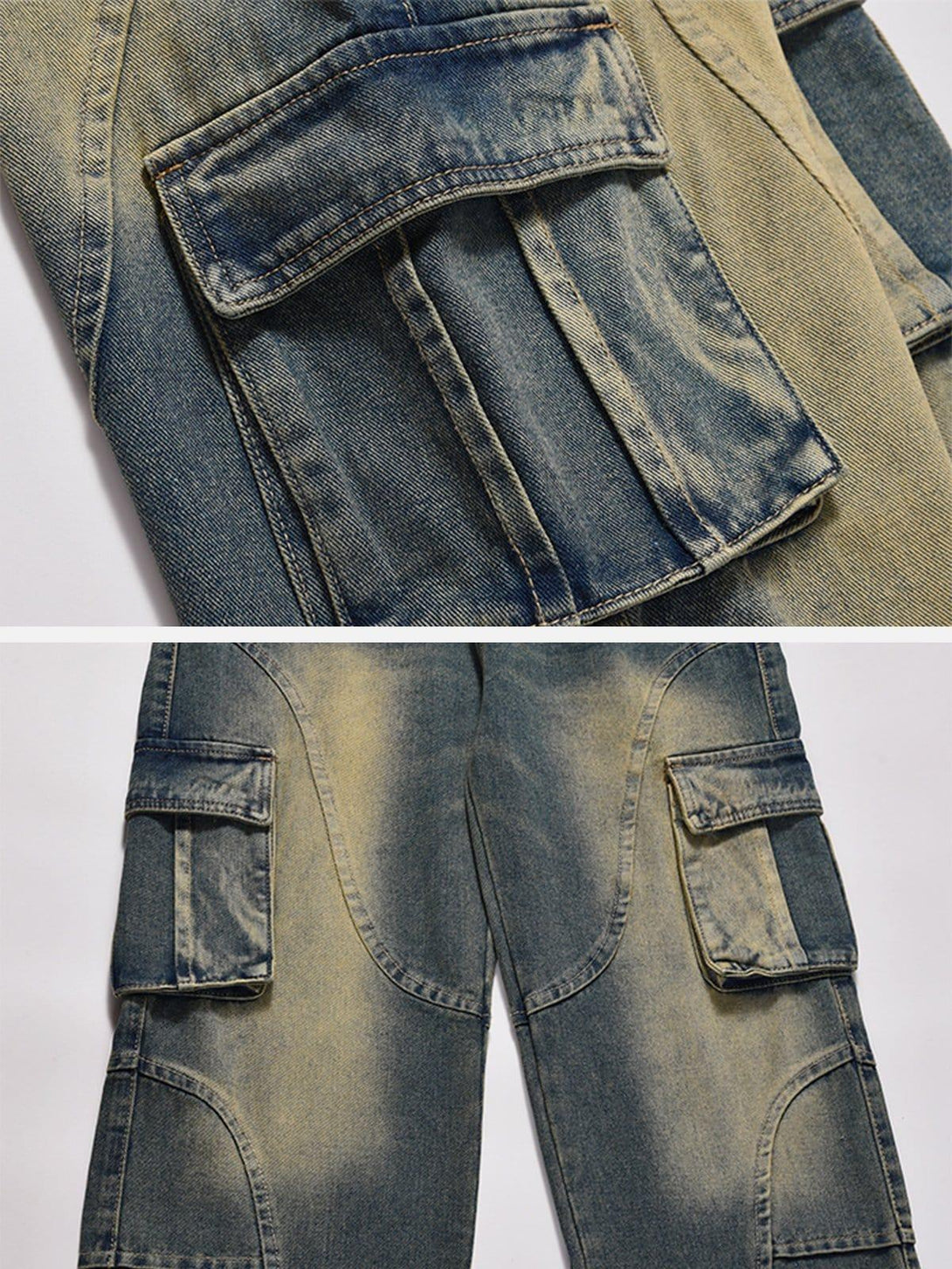 Detailed fabric and stitching of TALISHKO curved patchwork jeans, highlighting pocket design.