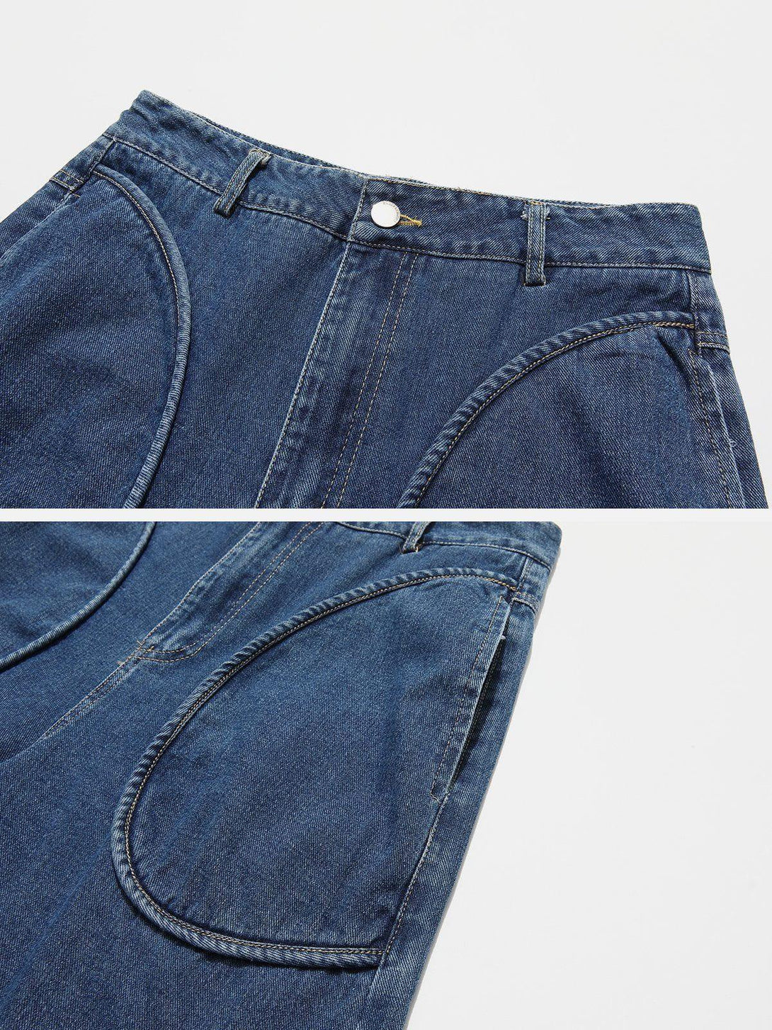 Detailed view of TALISHKO denim jorts, highlighting curved pockets and stylish stitching.