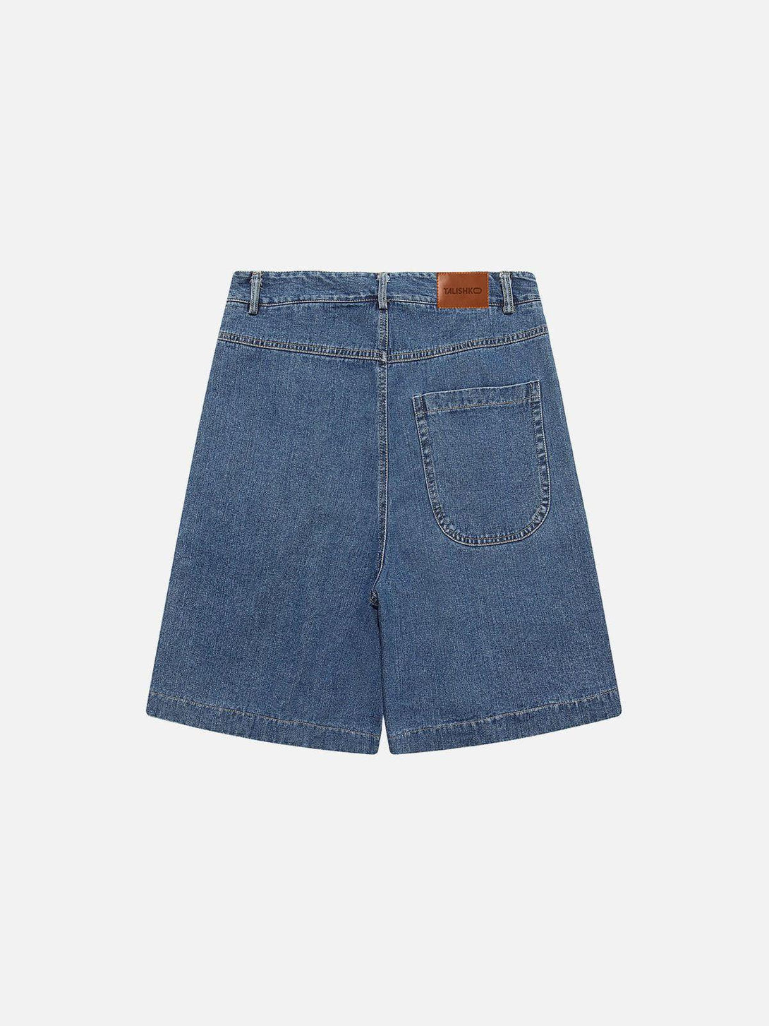 Back view of TALISHKO denim jorts featuring a curved pocket, showcasing relaxed casual style.