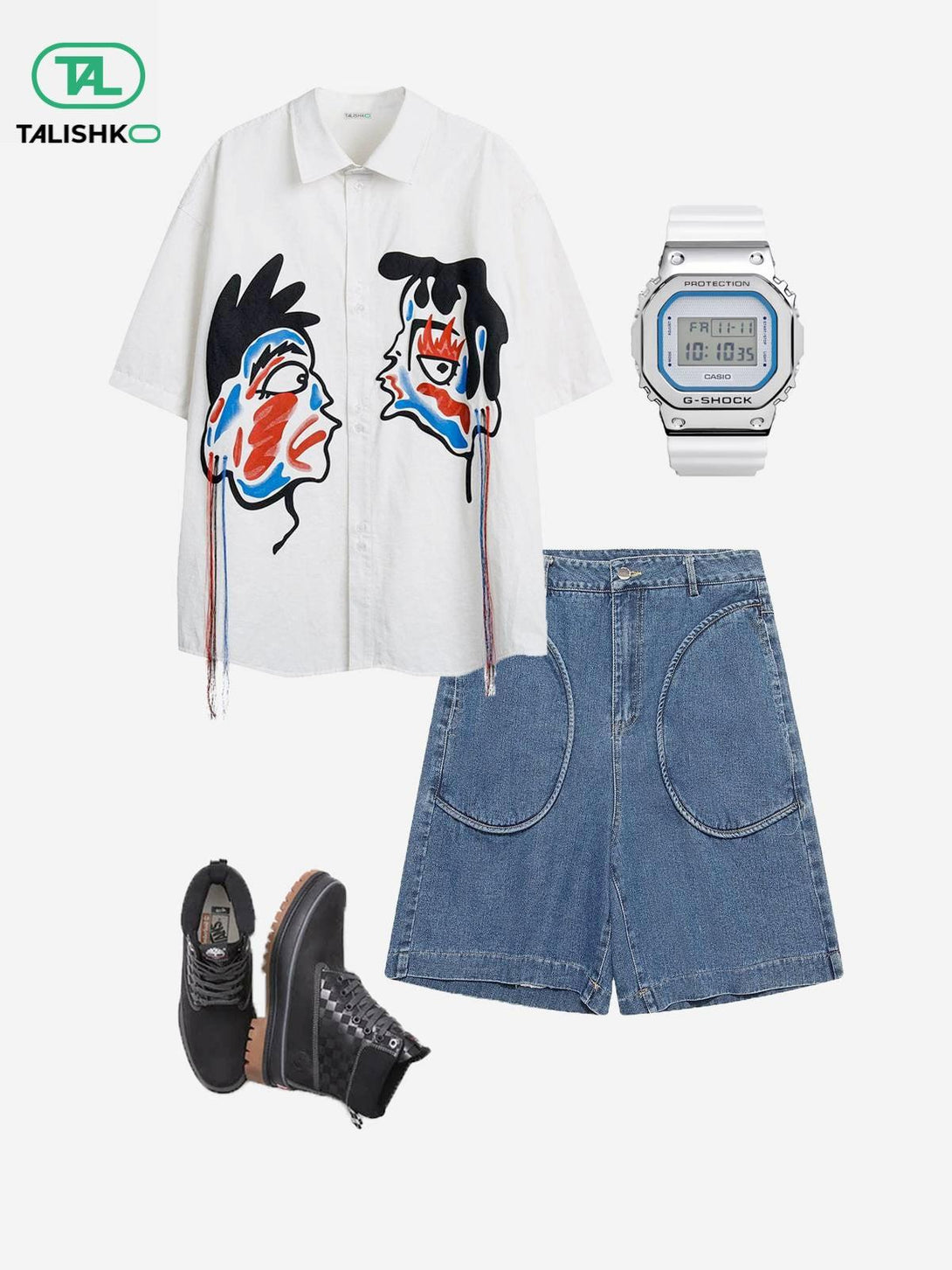TALISHKO shirt with abstract design paired with denim jorts and black boots, perfect for casual outings.