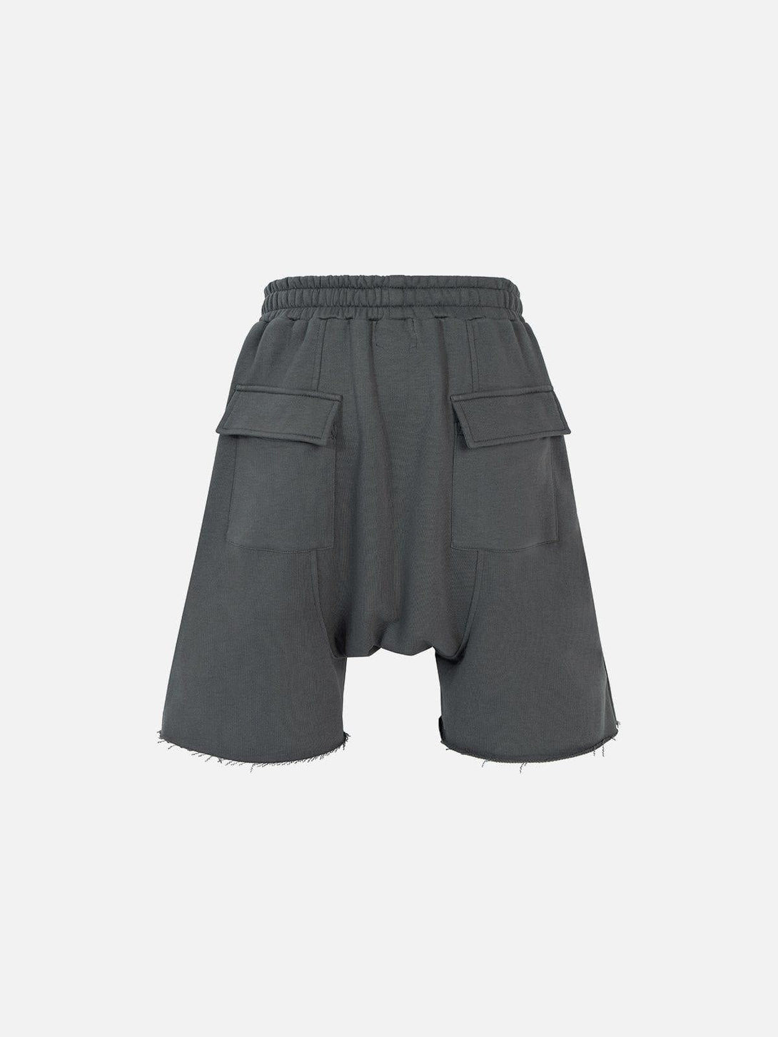 Gray cut distressed shorts by TALISHKO, featuring cargo pockets and a relaxed, edgy style.