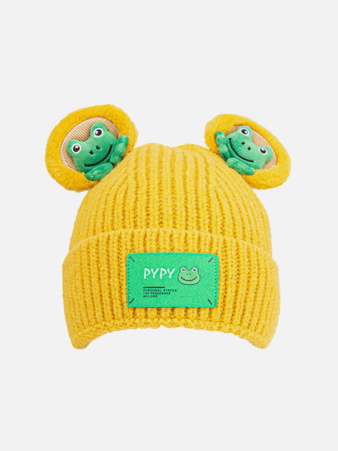 Bright yellow knit hat by TALISHKO with playful 3D frog details on the ears, front view.