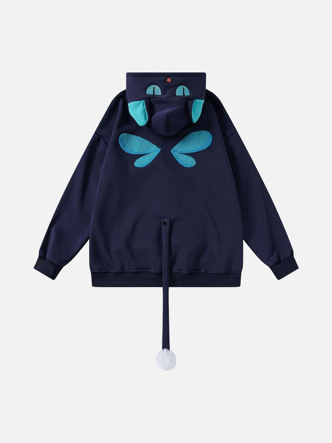 Navy blue hoodie with playful cat face and tail design by TALISHKO, back view.