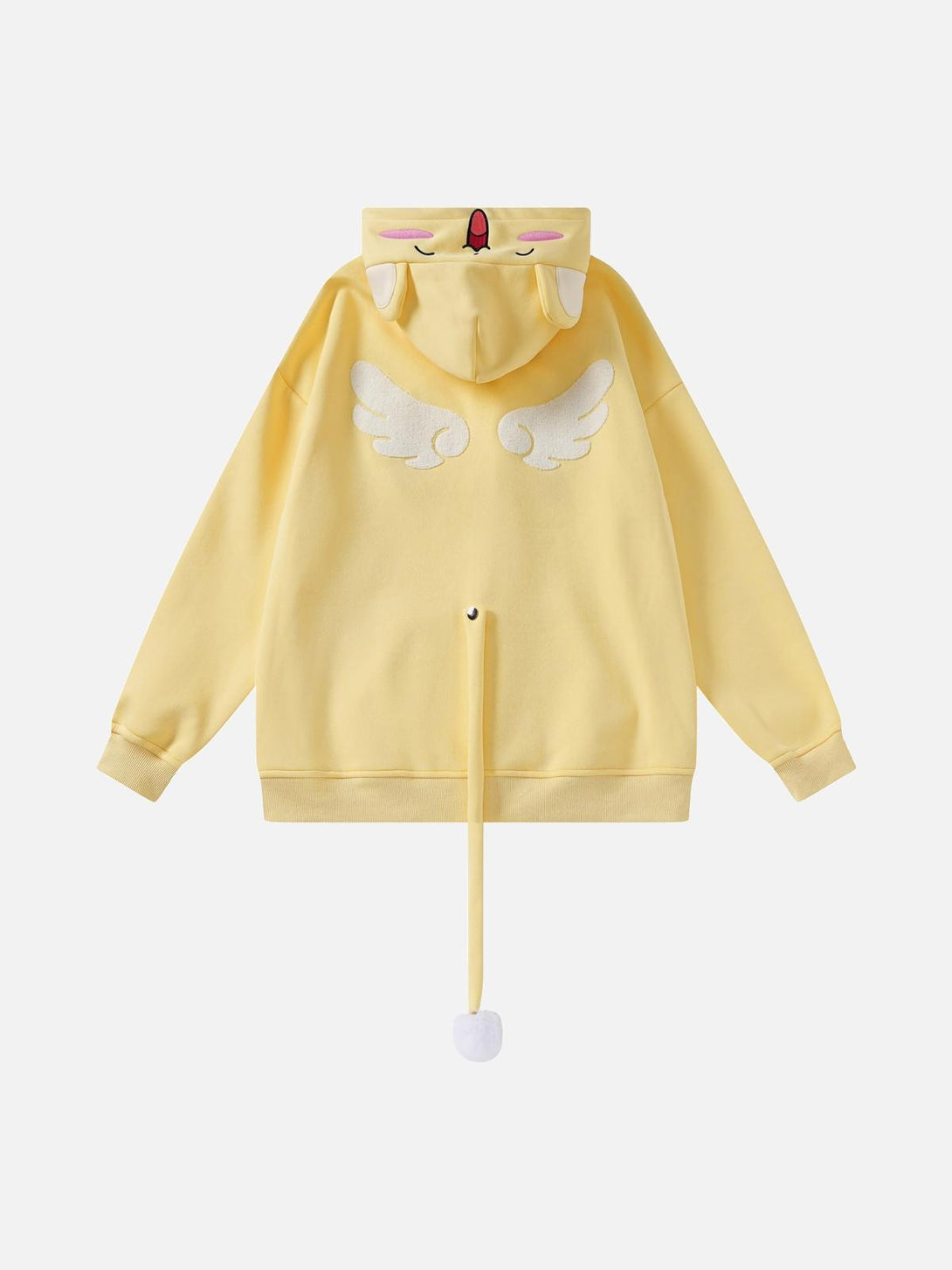 Yellow zip-up hoodie with playful wings and face design by TALISHKO, back view.