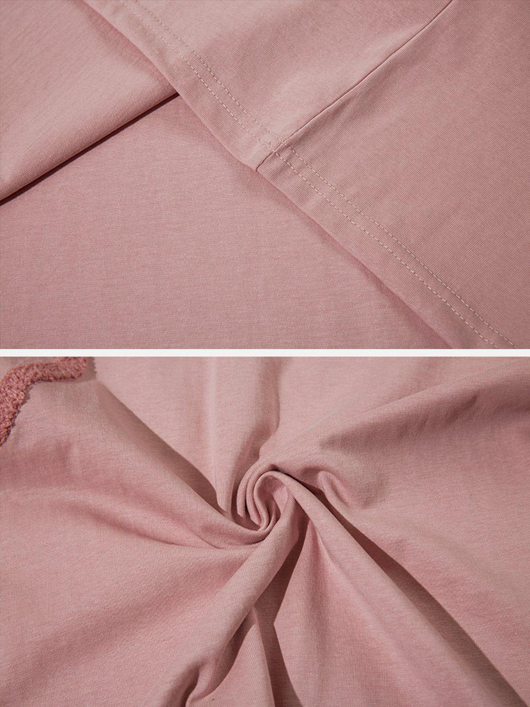 Detailed view of pink tee fabric by TALISHKO, highlighting soft texture and stitching.