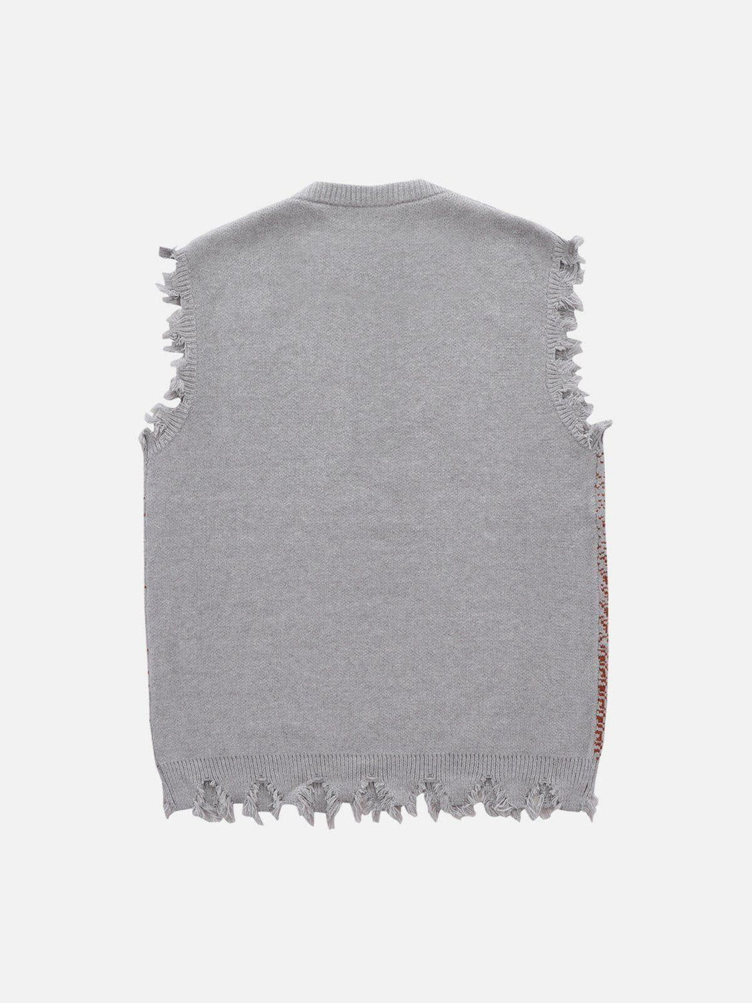 Gray sweater vest by TALISHKO with distressed edges, showcasing a back view in cyberpunk style.