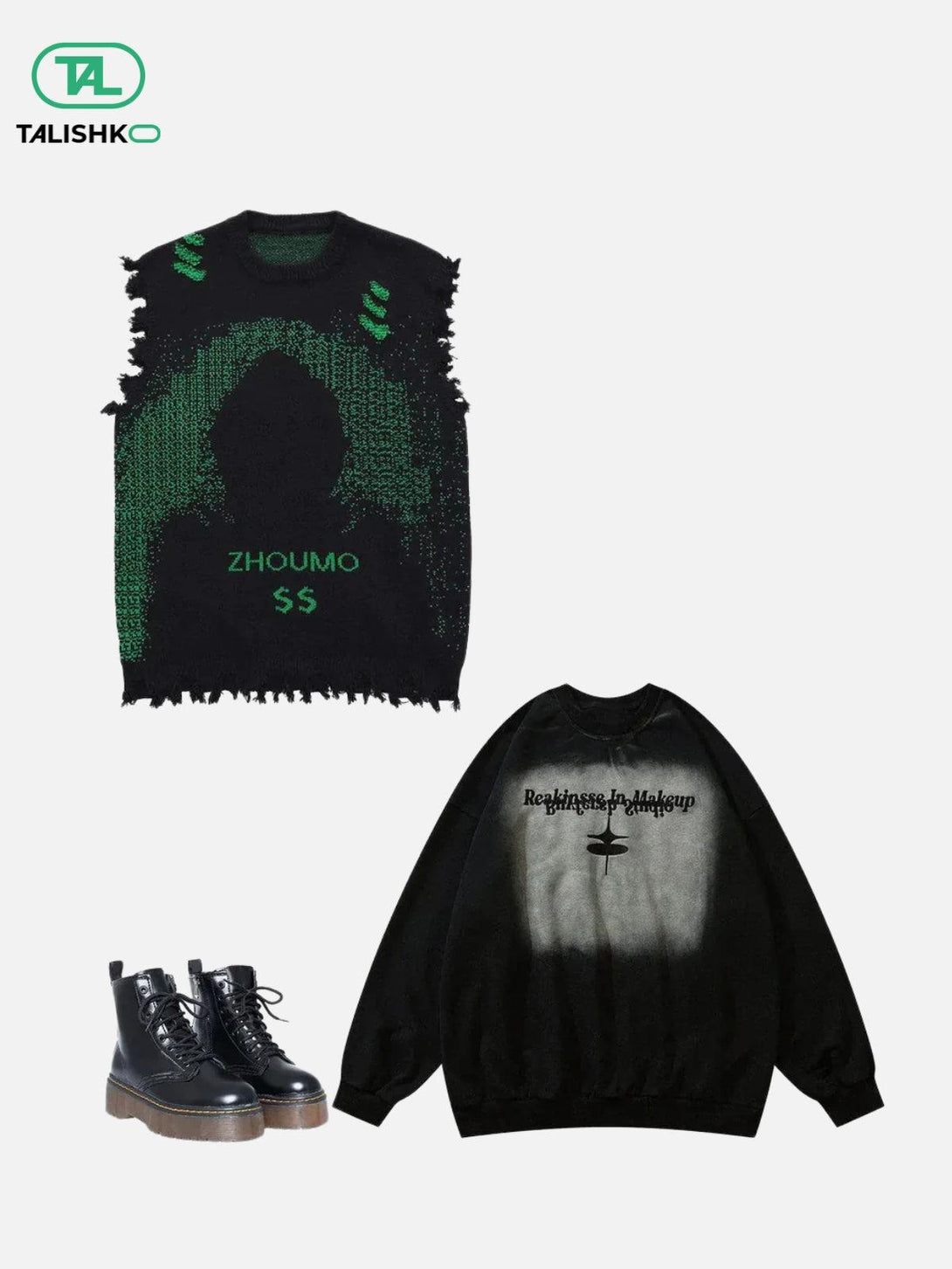 TALISHKO black sweater vest with distressed edges and green digital pattern, paired with black boots and sweatshirt.