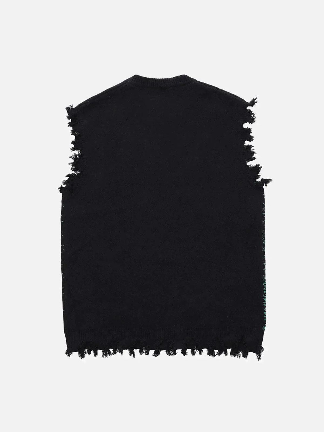 Distressed black sweater vest by TALISHKO, highlighting edgy cyberpunk style from the back.