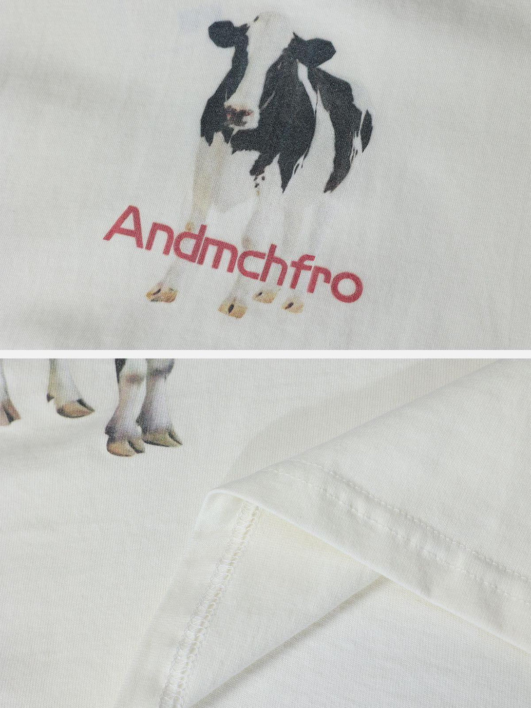 Detailed view of a cow print design on a cotton tee by TALISHKO, highlighting playful style.
